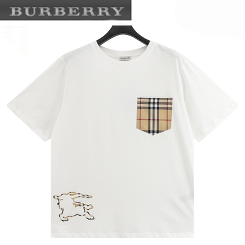 BURBERRY-05136 버버리 화이트 체크 무늬 디테일 티셔츠 남성용