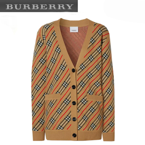 BURBERRY-80332361 버버리 카멜 스트라이프 메리노 울 블렌드 카디건