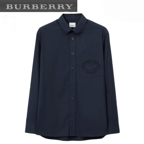 BURBERRY-80648761 버버리 네이비 엠브로이더리 오크 리프 크레스트 스트레치 셔츠 남성용